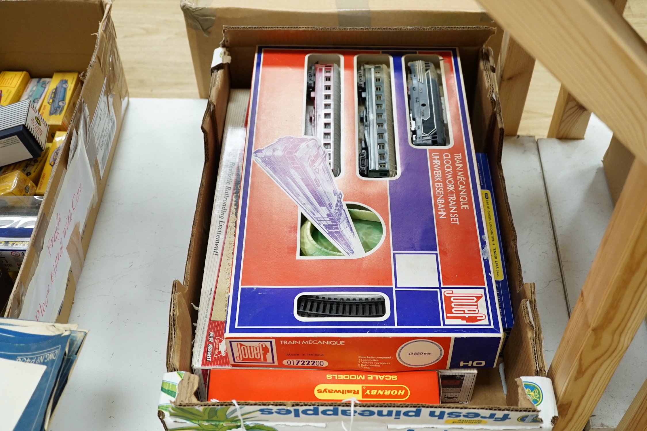 A quantity of 00 and HO gauge model, railway, including; a boxed Jouef SNCF 2–8–2, tender locomotive (8272), a Jouef SNCF clockwork train set, a Tri-ang Class L1 4-4-0 loco, (tender missing), an empty box for Hornby Dubl